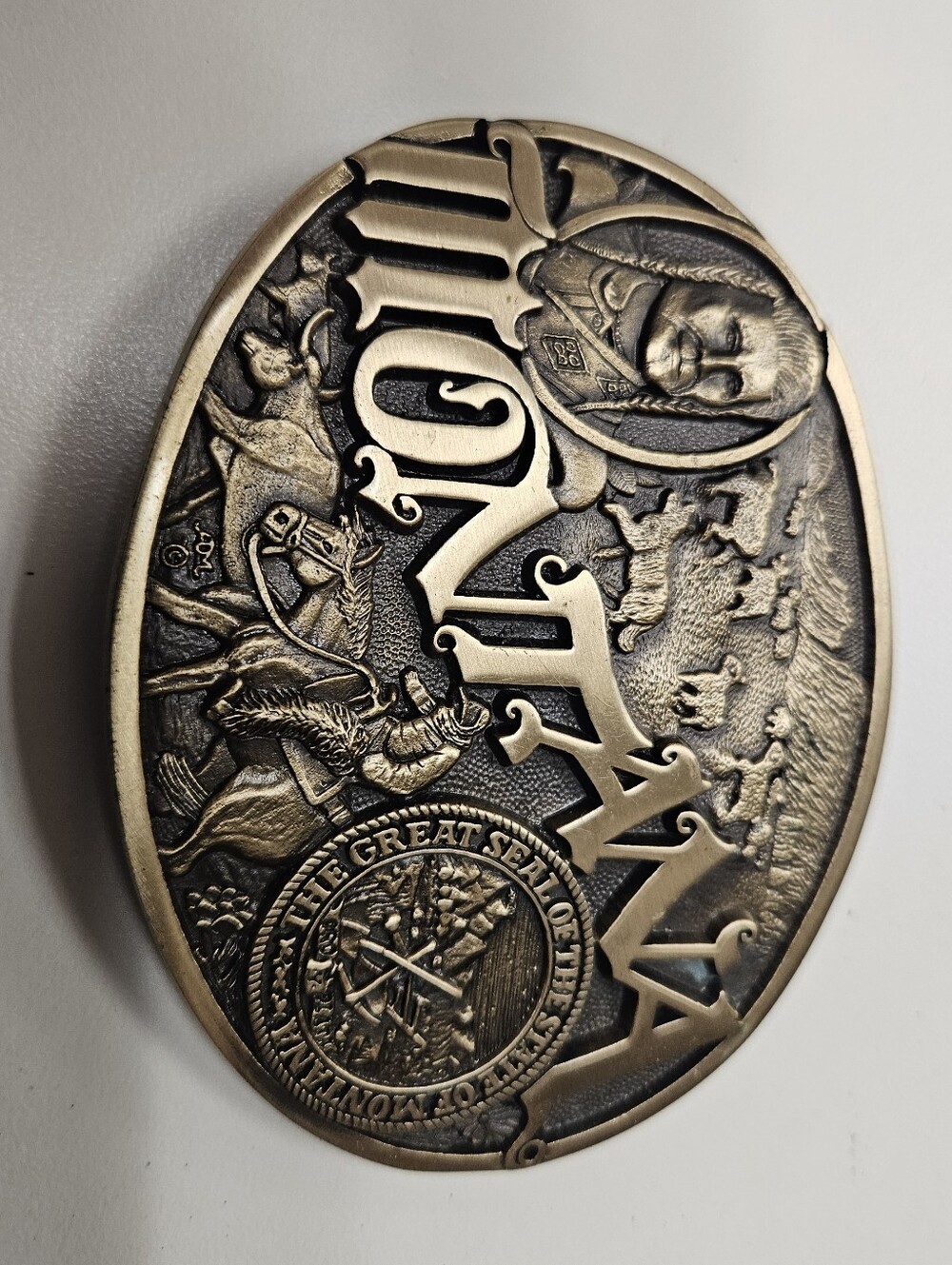VINTAGE MONTANA STATE SEAL BELT BUCKLE - AWARD DESIGN MEDALS INC. FIRST EDITION